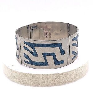 Vtg Sterling & Crushed Turquoise Inlay Inlaid Large Wide Panel Bracelet 7” / 46g